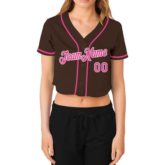 Custom Women's Brown Pink-White V-Neck Cropped Baseball Jersey - Sky-Custom