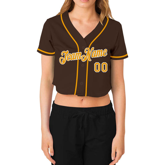 Custom Women's Brown Gold-White V-Neck Cropped Baseball Jersey - Sky-Custom