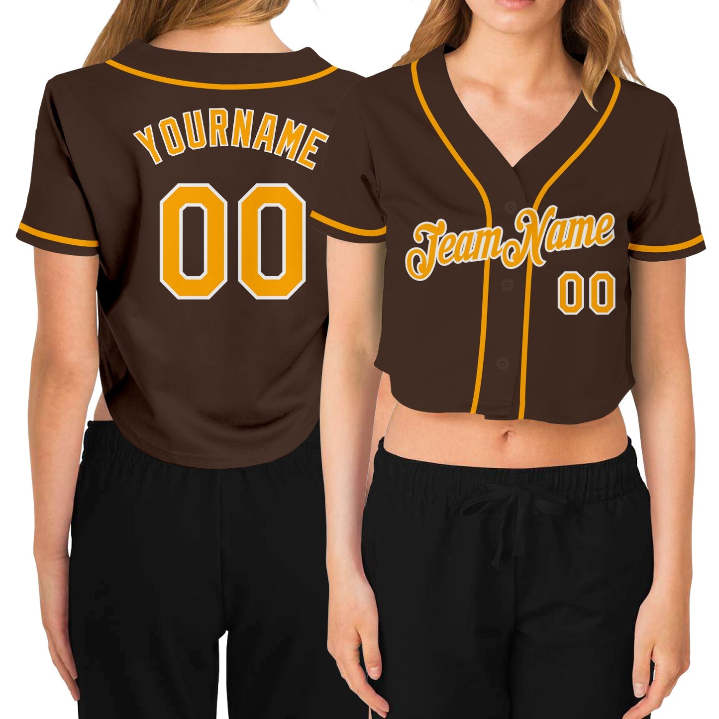 Custom Women's Brown Gold-White V-Neck Cropped Baseball Jersey - Sky-Custom