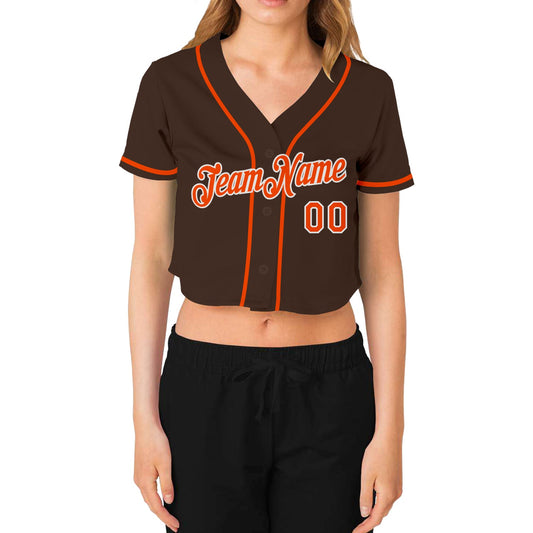 Custom Women's Brown Orange-White V-Neck Cropped Baseball Jersey - Sky-Custom