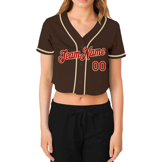 Custom Women's Brown Red-Cream V-Neck Cropped Baseball Jersey - Sky-Custom