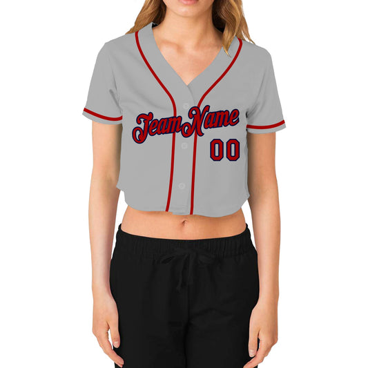 Custom Women's Gray Red-Navy V-Neck Cropped Baseball Jersey - Sky-Custom