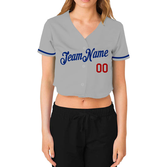 Custom Women's Gray Royal-Red V-Neck Cropped Baseball Jersey - Sky-Custom