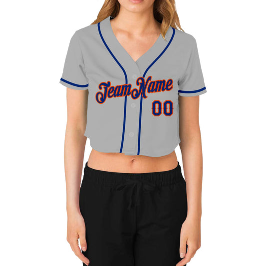 Custom Women's Gray Royal-Orange V-Neck Cropped Baseball Jersey - Sky-Custom