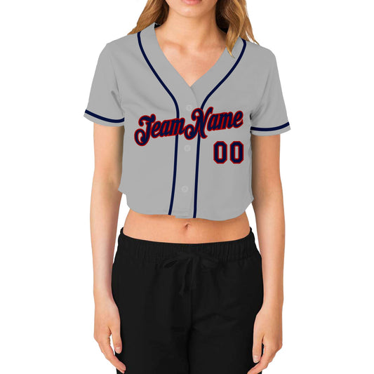 Custom Women's Gray Navy-Red V-Neck Cropped Baseball Jersey - Sky-Custom