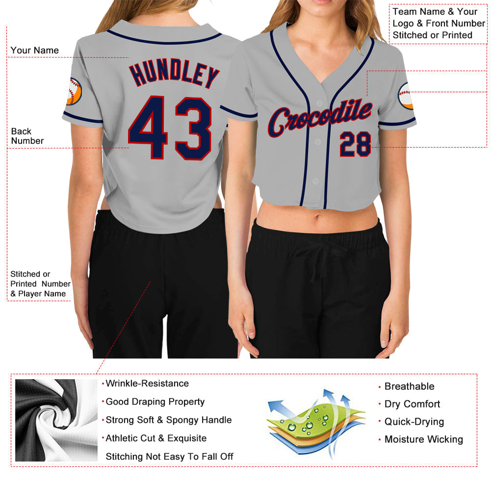 Custom Women's Gray Navy-Red V-Neck Cropped Baseball Jersey - Sky-Custom