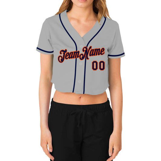 Custom Women's Gray Navy-Orange V-Neck Cropped Baseball Jersey - Sky-Custom