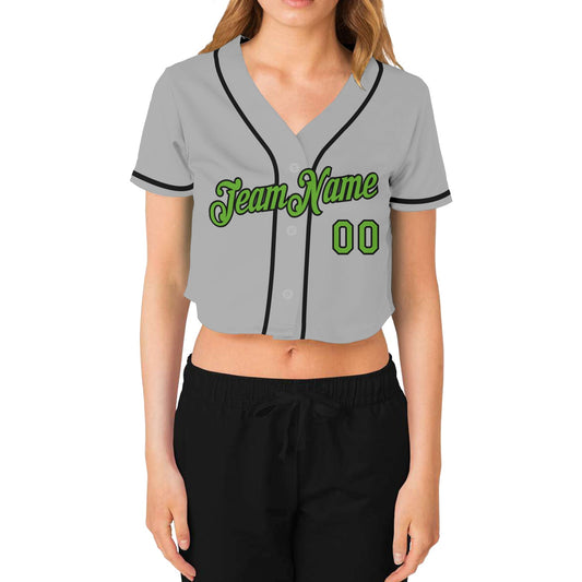 Custom Women's Gray Neon Green-Black V-Neck Cropped Baseball Jersey - Sky-Custom