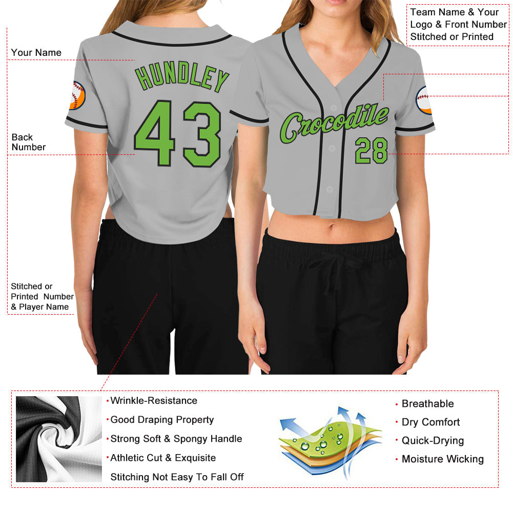Custom Women's Gray Neon Green-Black V-Neck Cropped Baseball Jersey - Sky-Custom