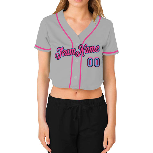 Custom Women's Gray Light Blue Black-Pink V-Neck Cropped Baseball Jersey - Sky-Custom