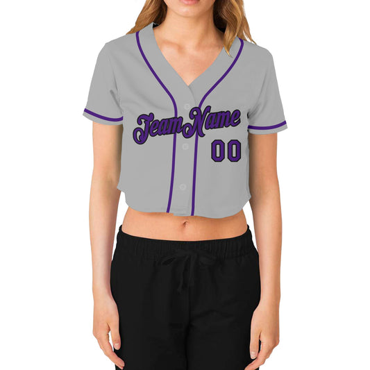 Custom Women's Gray Purple-Black V-Neck Cropped Baseball Jersey - Sky-Custom