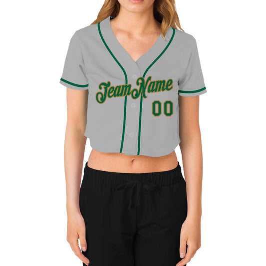 Custom Women's Gray Kelly Green-Old Gold V-Neck Cropped Baseball Jersey - Sky-Custom