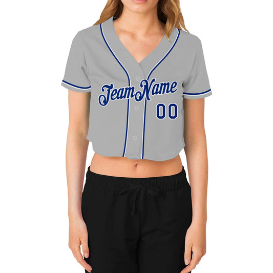 Custom Women's Gray Royal-White V-Neck Cropped Baseball Jersey - Sky-Custom