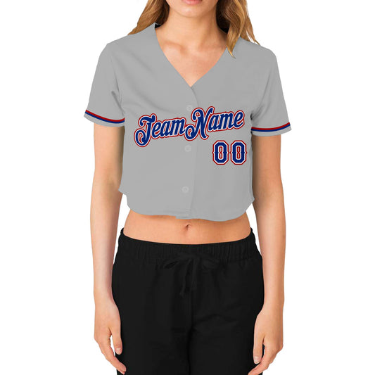 Custom Women's Gray Royal White-Red V-Neck Cropped Baseball Jersey - Sky-Custom