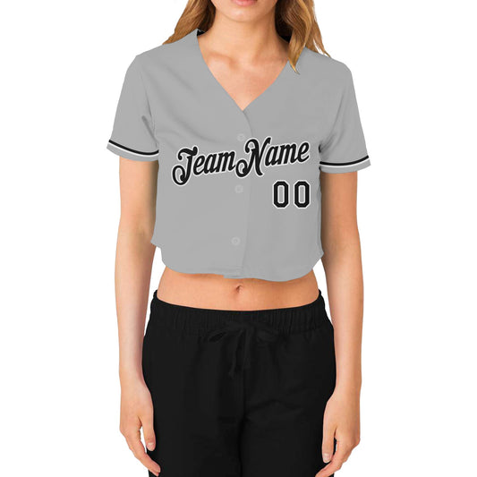 Custom Women's Gray Black-White V-Neck Cropped Baseball Jersey - Sky-Custom