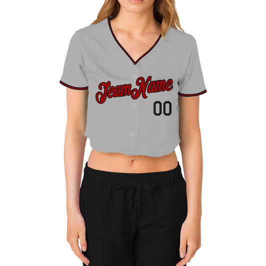 Custom Women's Gray Red-Black V-Neck Cropped Baseball Jersey - Sky-Custom