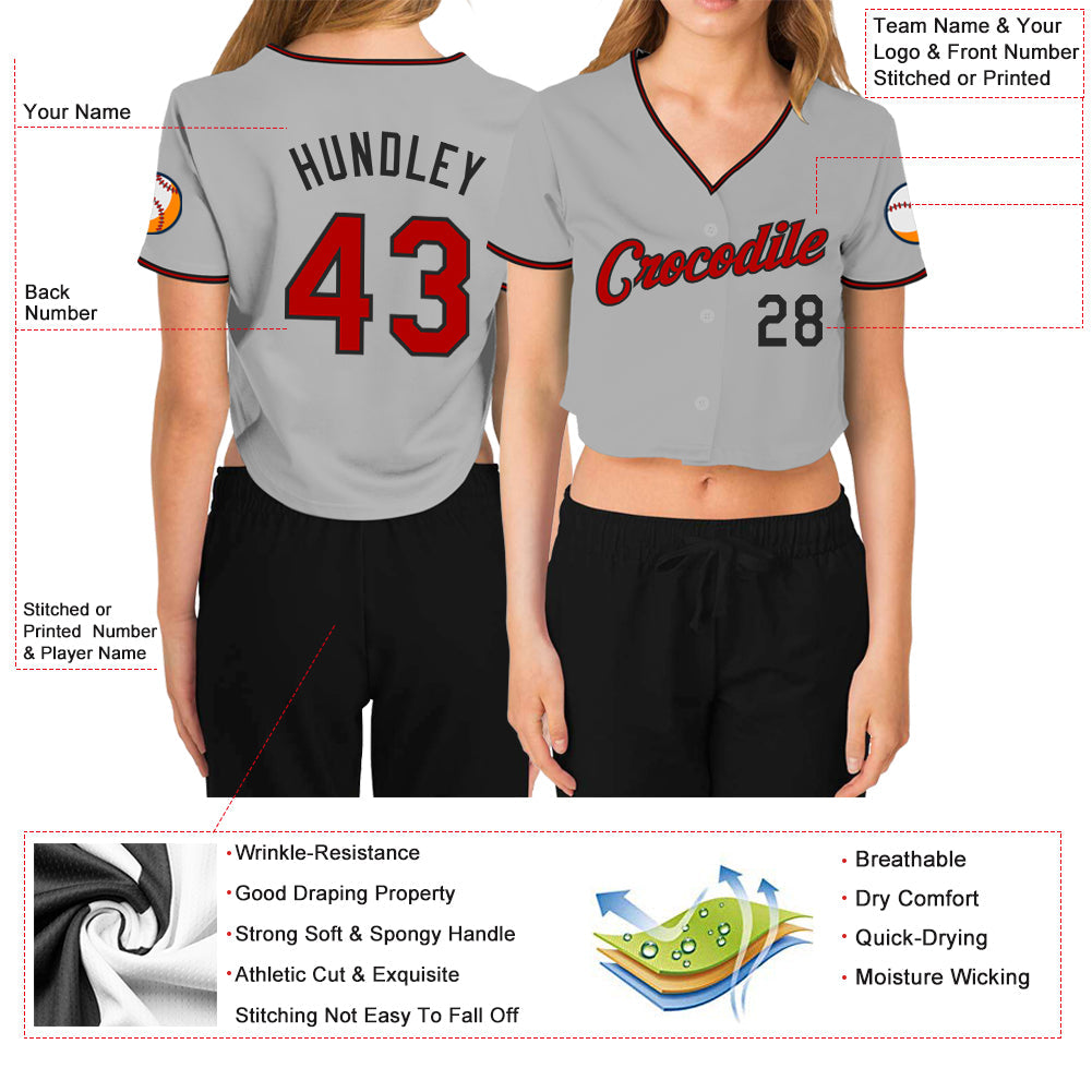 Custom Women's Gray Red-Black V-Neck Cropped Baseball Jersey - Sky-Custom