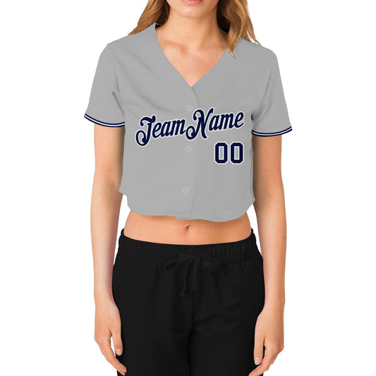 Custom Women's Gray Navy-White V-Neck Cropped Baseball Jersey - Sky-Custom
