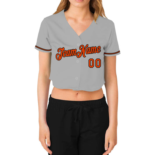 Custom Women's Gray Orange-Black V-Neck Cropped Baseball Jersey - Sky-Custom