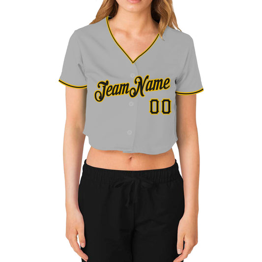 Custom Women's Gray Black-Gold V-Neck Cropped Baseball Jersey - Sky-Custom