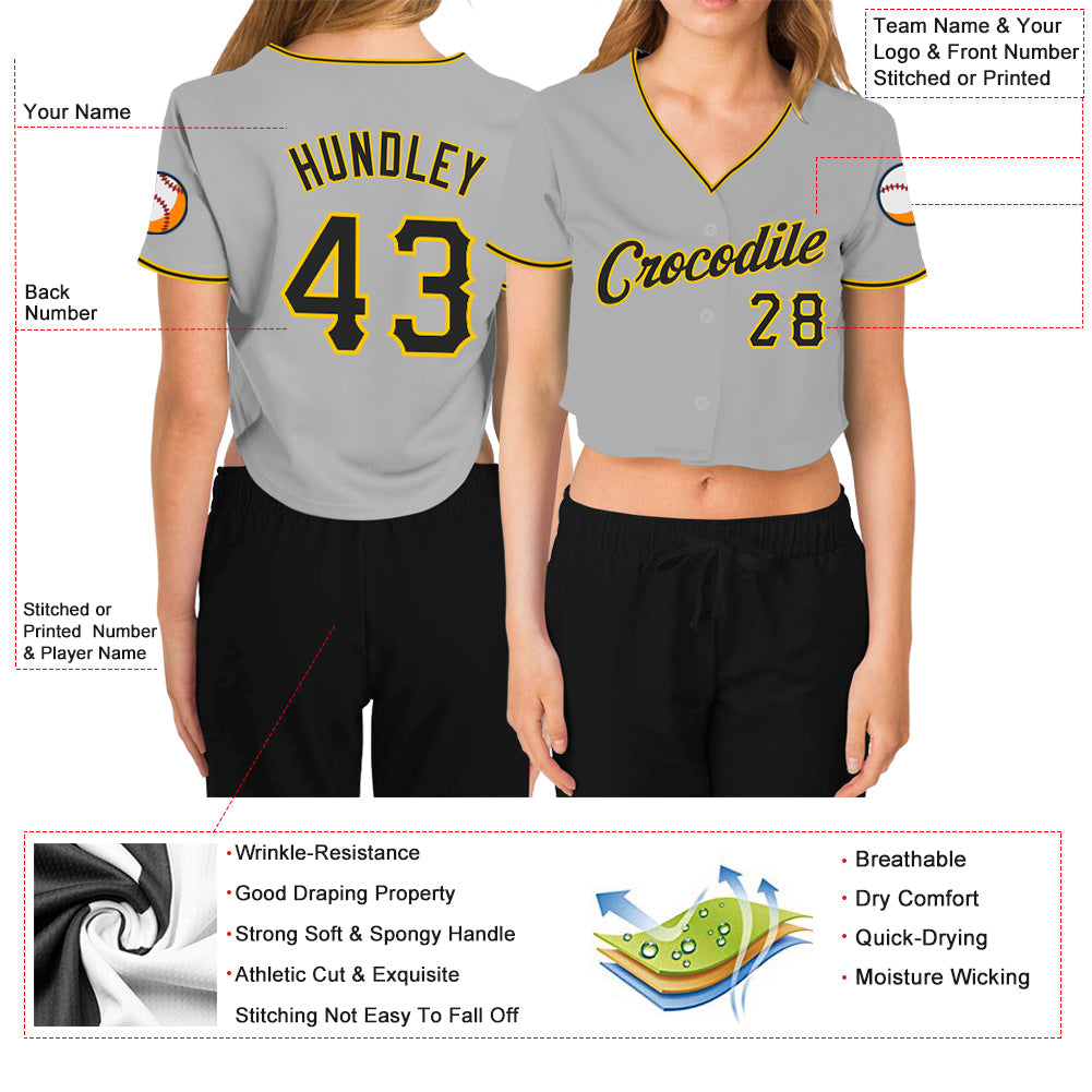 Custom Women's Gray Black-Gold V-Neck Cropped Baseball Jersey - Sky-Custom