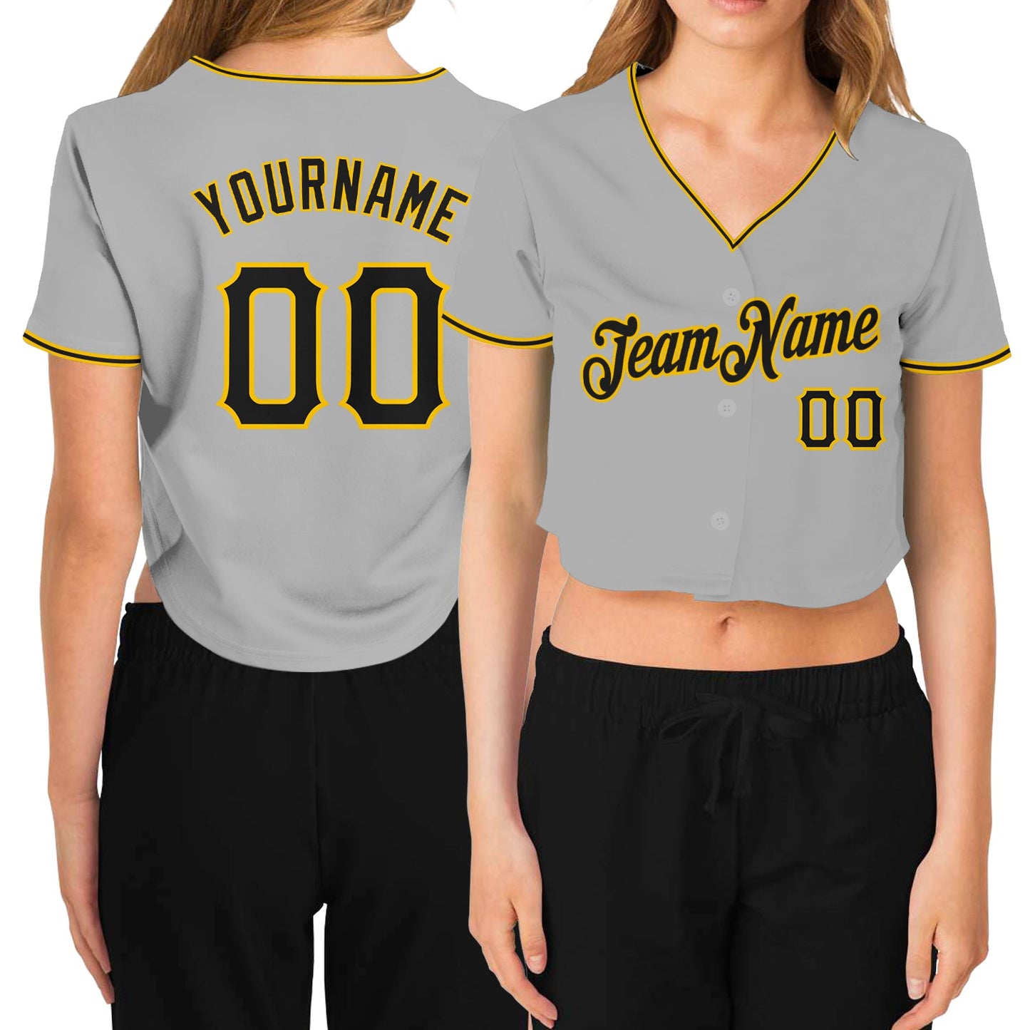 Custom Women's Gray Black-Gold V-Neck Cropped Baseball Jersey - Sky-Custom
