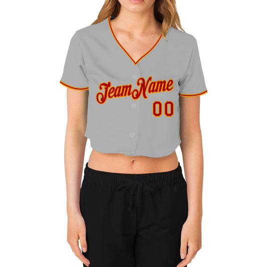 Custom Women's Gray Red-Gold V-Neck Cropped Baseball Jersey - Sky-Custom