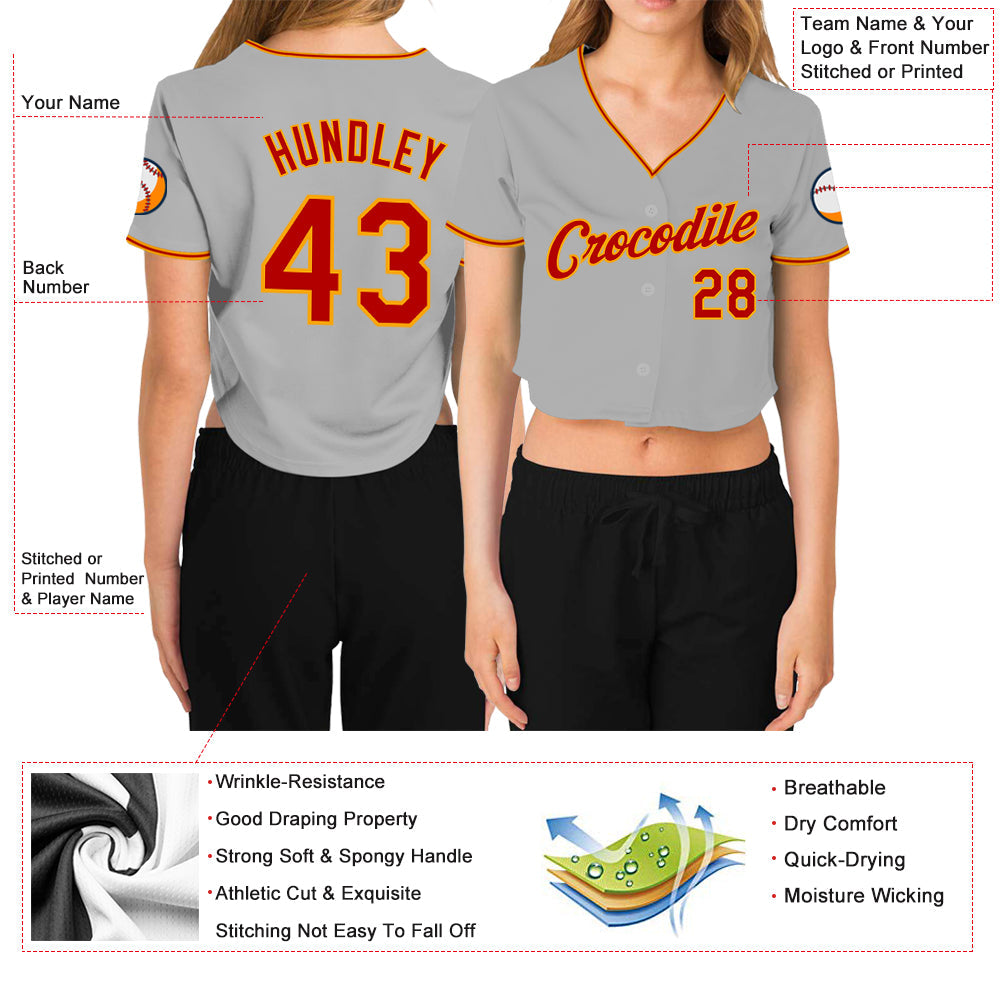 Custom Women's Gray Red-Gold V-Neck Cropped Baseball Jersey - Sky-Custom