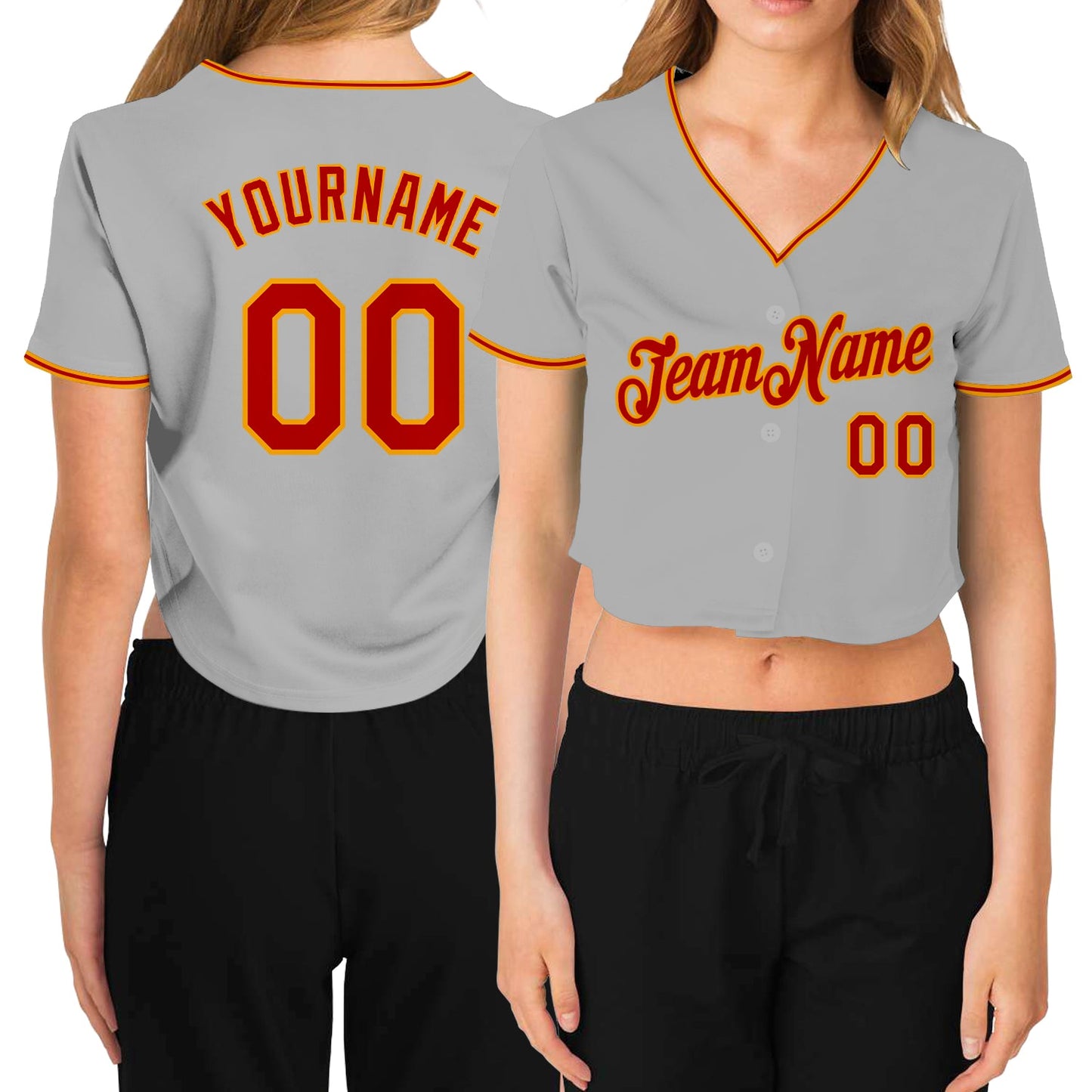 Custom Women's Gray Red-Gold V-Neck Cropped Baseball Jersey - Sky-Custom
