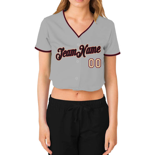 Custom Women's Gray Black Crimson-Cream V-Neck Cropped Baseball Jersey - Sky-Custom