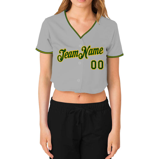Custom Women's Gray Green-Gold V-Neck Cropped Baseball Jersey - Sky-Custom