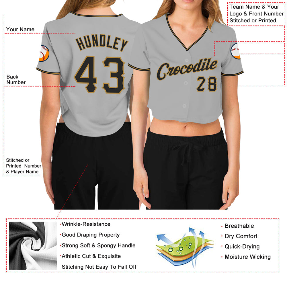 Custom Women's Gray Black-Old Gold V-Neck Cropped Baseball Jersey - Sky-Custom
