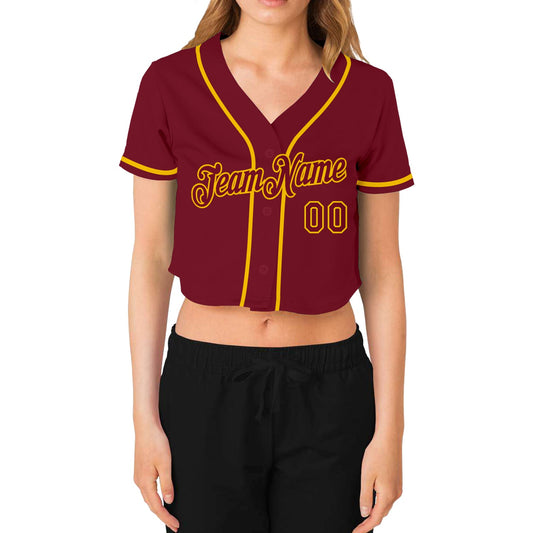 Custom Women's Crimson Crimson-Gold V-Neck Cropped Baseball Jersey - Sky-Custom