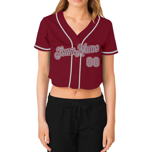 Custom Women's Crimson Gray-White V-Neck Cropped Baseball Jersey - Sky-Custom
