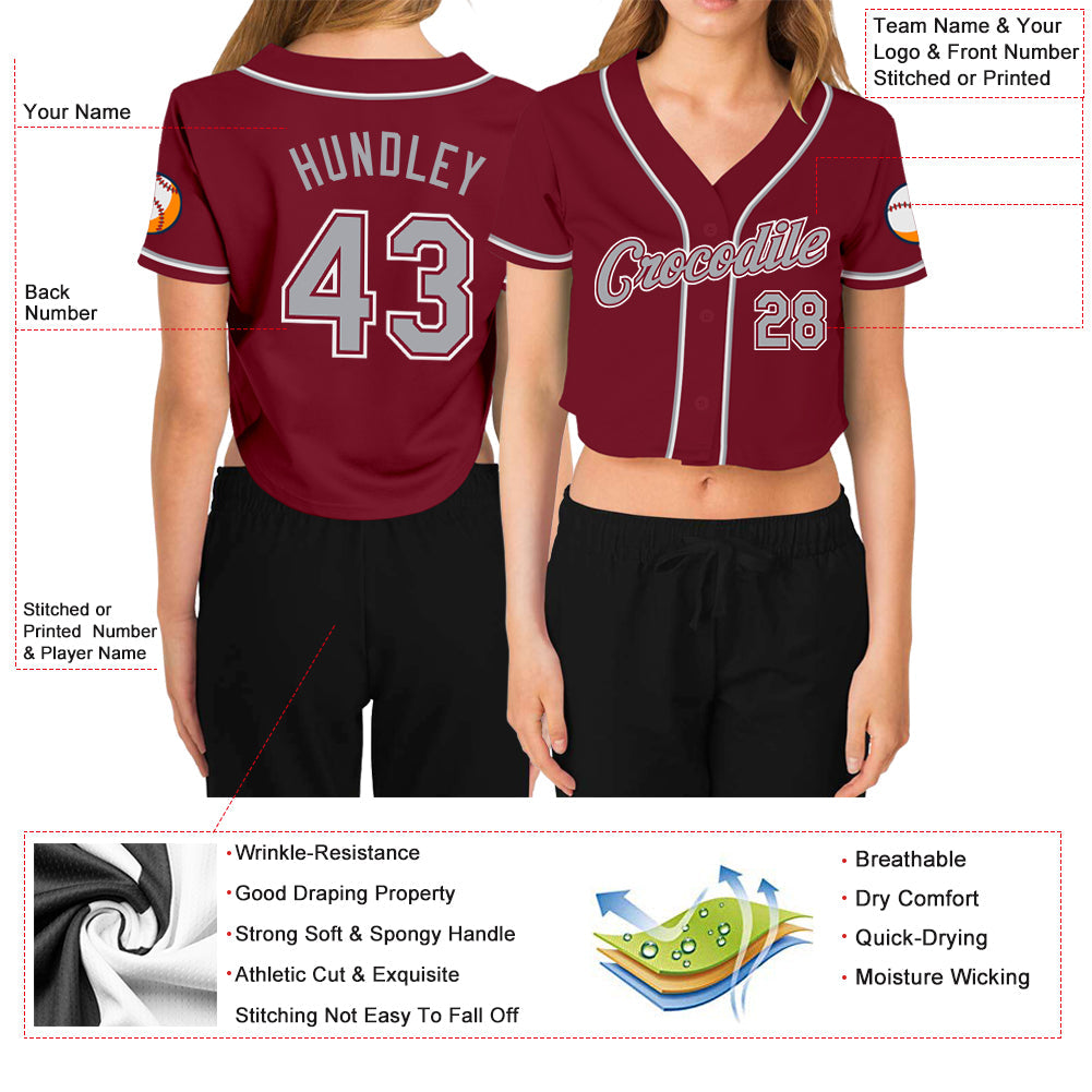 Custom Women's Crimson Gray-White V-Neck Cropped Baseball Jersey - Sky-Custom