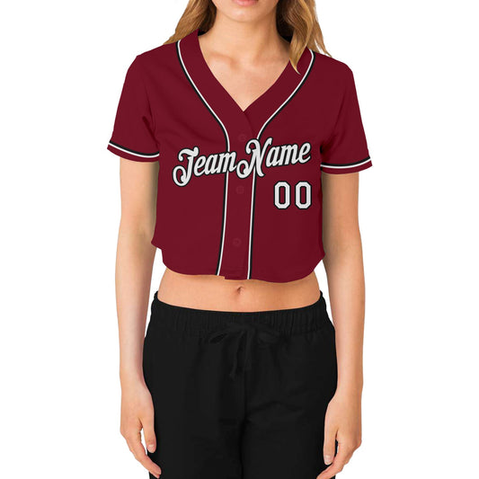 Custom Women's Crimson White-Black V-Neck Cropped Baseball Jersey - Sky-Custom