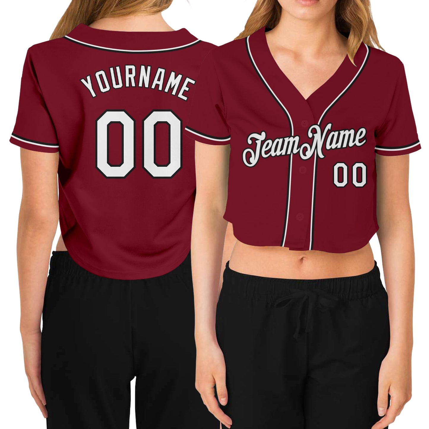 Custom Women's Crimson White-Black V-Neck Cropped Baseball Jersey - Sky-Custom