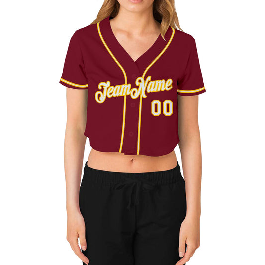 Custom Women's Crimson White-Gold V-Neck Cropped Baseball Jersey - Sky-Custom