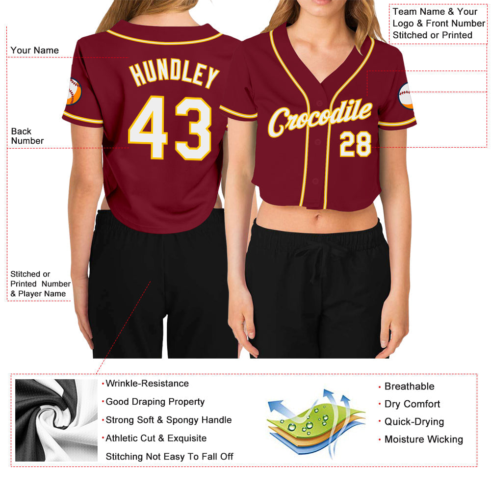 Custom Women's Crimson White-Gold V-Neck Cropped Baseball Jersey - Sky-Custom