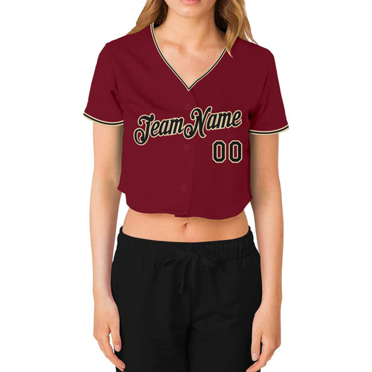 Custom Women's Crimson Black-Cream V-Neck Cropped Baseball Jersey - Sky-Custom