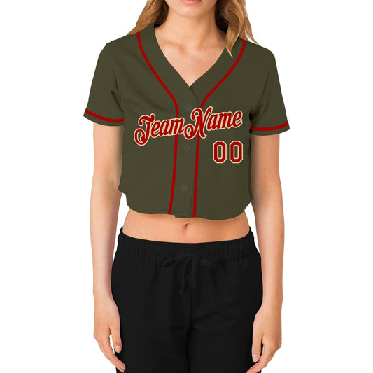 Custom Women's Olive Red-Cream Salute To Service V-Neck Cropped Baseball Jersey - Sky-Custom