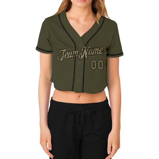 Custom Women's Olive Camo-Black Salute To Service V-Neck Cropped Baseball Jersey - Sky-Custom