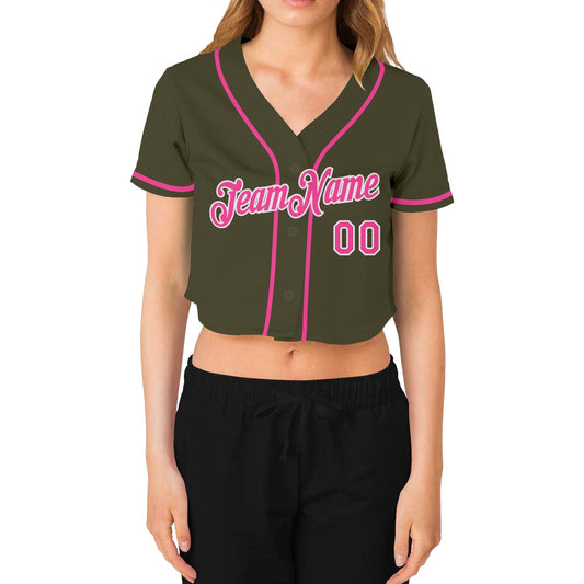 Custom Women's Olive Pink-White Salute To Service V-Neck Cropped Baseball Jersey - Sky-Custom