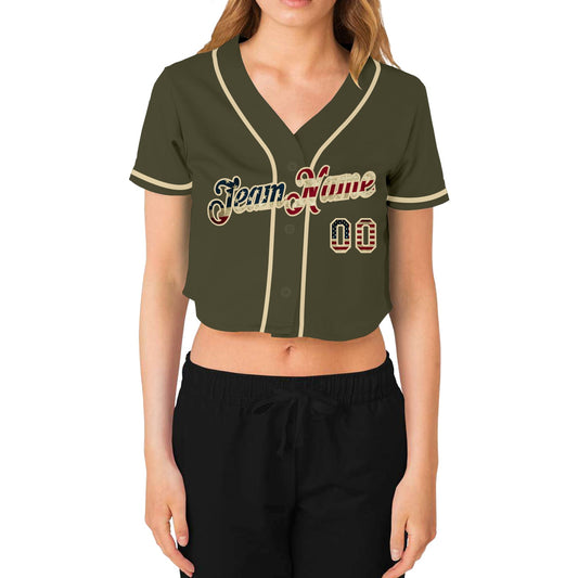 Custom Women's Olive Vintage USA Flag-Cream Salute To Service V-Neck Cropped Baseball Jersey - Sky-Custom