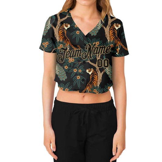 Custom Women's Black Black-Old Gold Tiger And Peacock 3D V-Neck Cropped Baseball Jersey - Sky-Custom