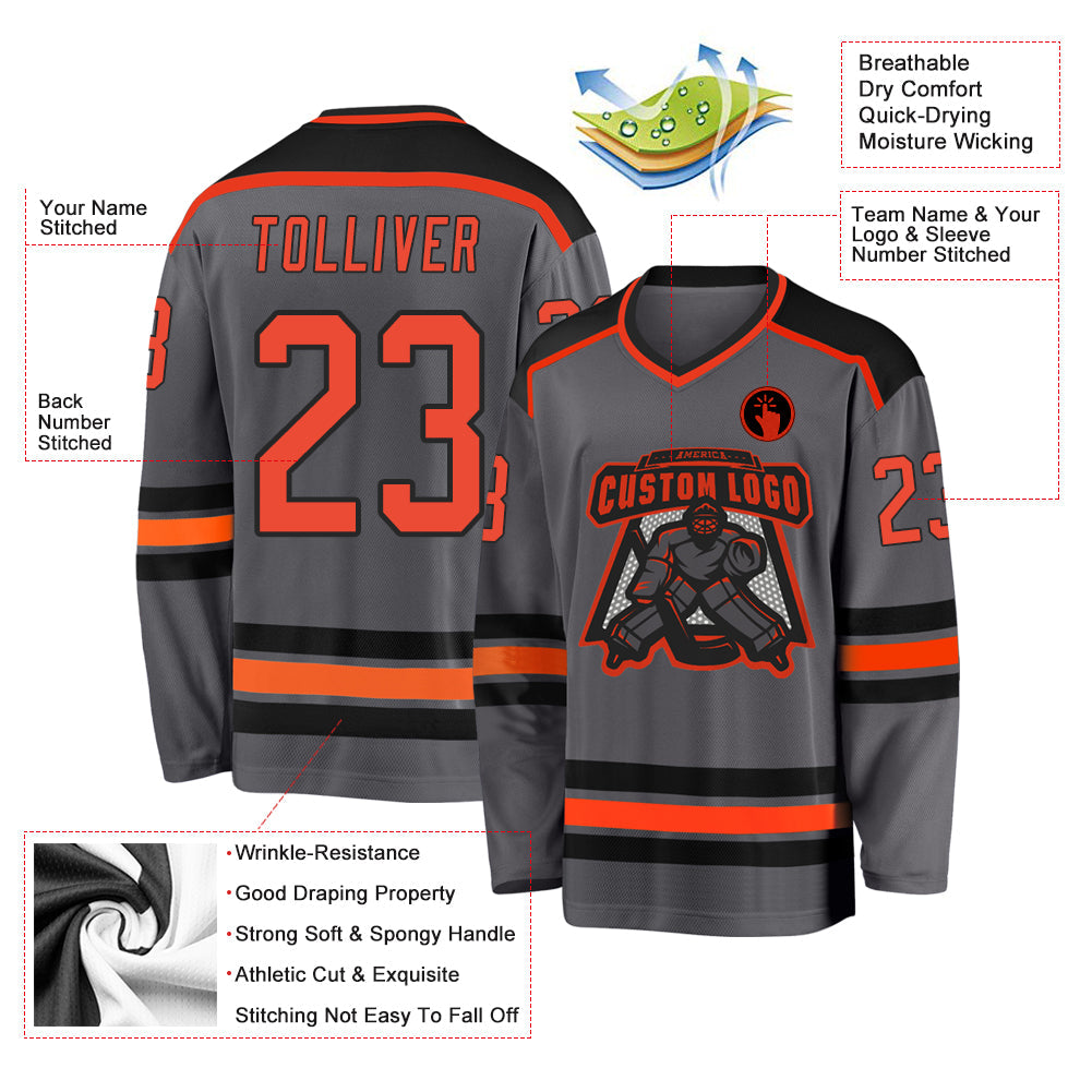 Custom Steel Gray Orange-Black Hockey Jersey - Sky-Custom