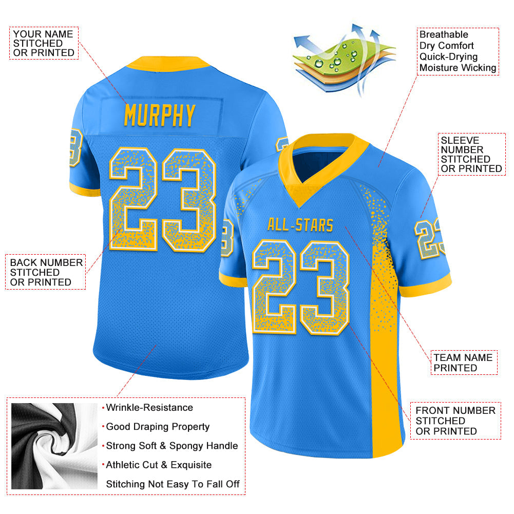 Custom Powder Blue Gold-White Mesh Drift Fashion Football Jersey - Sky-Custom