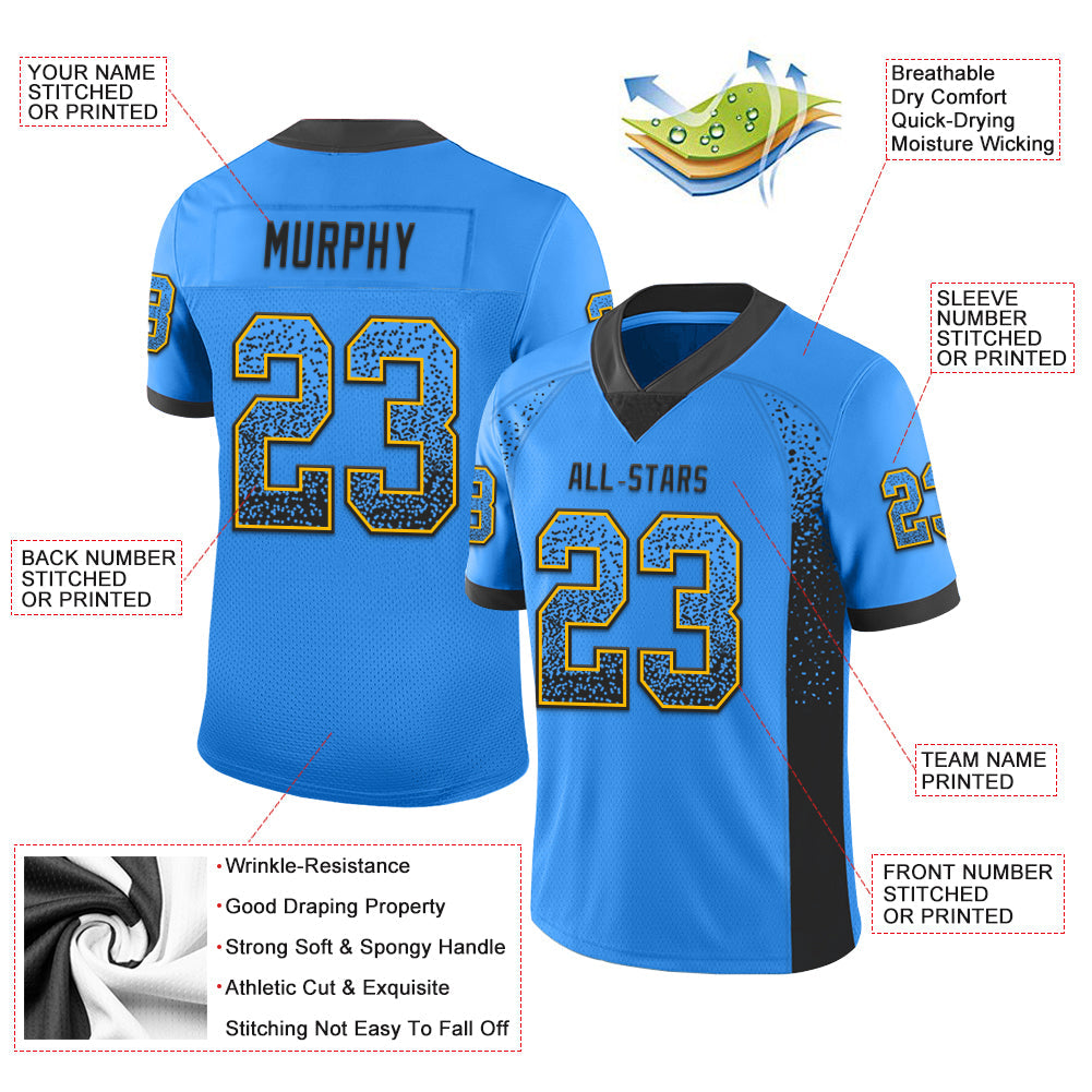 Custom Powder Blue Black-Gold Mesh Drift Fashion Football Jersey - Sky-Custom