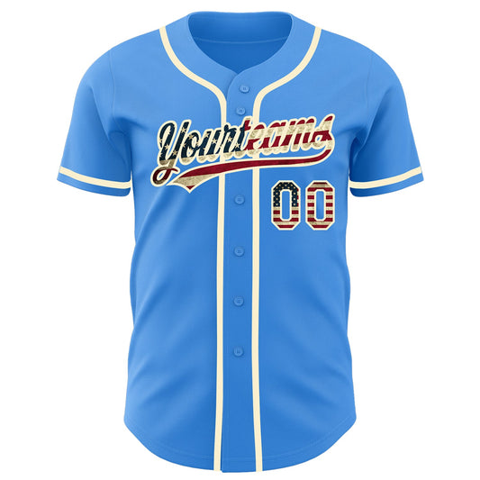 Custom Electric Blue Vintage USA Flag-Cream Authentic Baseball Jersey - Sky-Custom