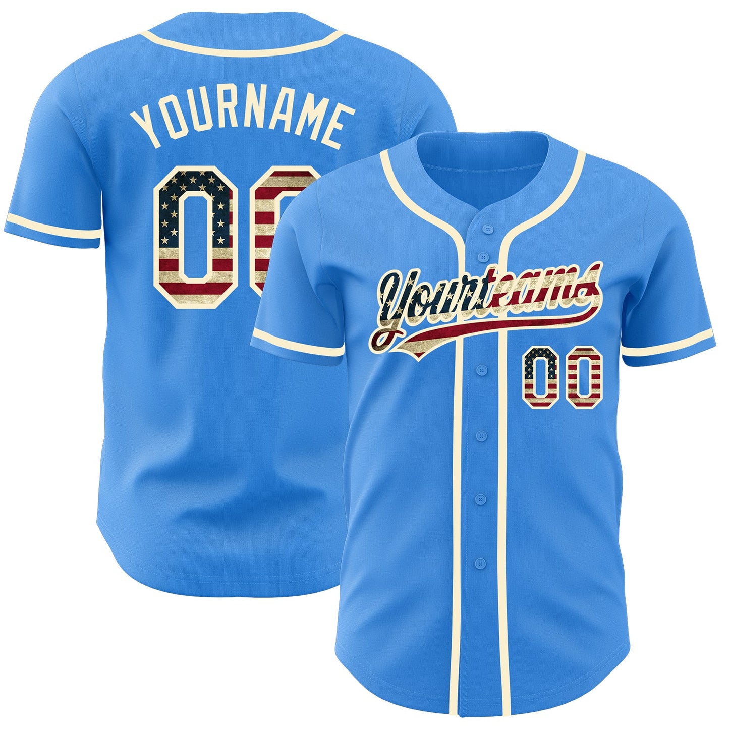 Custom Electric Blue Vintage USA Flag-Cream Authentic Baseball Jersey - Sky-Custom